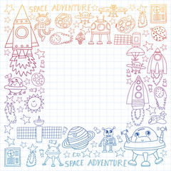 Vector set of space elements icons in doodle style. Painted, colorful, gradient, on a sheet of checkered paper on a white background.