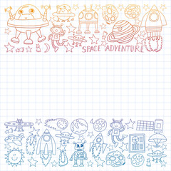 Vector set of space elements icons in doodle style. Painted, colorful, gradient, on a sheet of checkered paper on a white background.