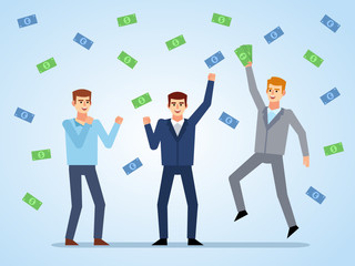 Group of people stands under money rain. Lottery winners, wealth, rich. Flat design vector illustration