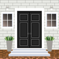 House door front with doorstep and steps, widow, lamp, flowers in pots, building entry facade, exterior entrance with brick wall design illustration vector flat style