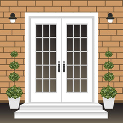 House door front with doorstep and steps, lamp, flowers in pots, building entry facade, exterior entrance with brick wall design illustration vector in flat style