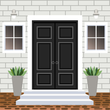 House door front with doorstep and steps, widow, lamp, flowers in pots, building entry facade, exterior entrance with brick wall design illustration vector flat style