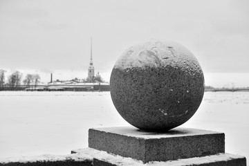 Granite ball on the Arrow of Vasilievsky island.