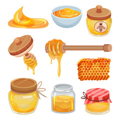 Flat vector set of colorful honey icons. Organic and healthy product. Natural sticky liquid. Sweet food