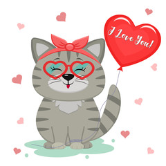 Congratulations on Valentine s Day. Cute gray kitten sitting in the bezel. Paw holding a heart shaped balloon with text I love you. Flat design, cartoon style, vector