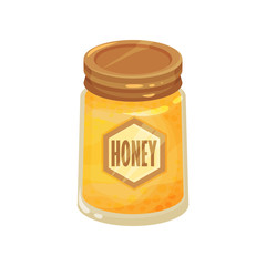 Glass jar of sweet fresh honey. Container with brown lid and label. Natural product. Sweet food. Flat vector icon