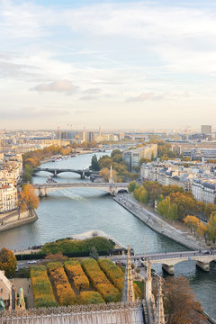 View of Paris skyline, Seine river and bridges seen from the top of Notre Dame cathedral.