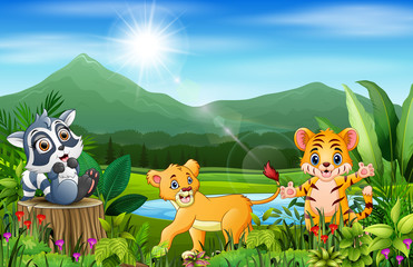 Obraz na płótnie Canvas Cartoon of the beautiful landscape with different animals