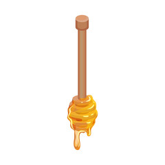 Wooden dipper with fresh flowing honey. Natural and healthy product from apiary farm. Flat vector icon