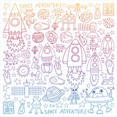 Vector set of space elements icons in doodle style. Painted, colorful, gradient, on a sheet of checkered paper on a white background.