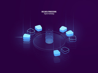 Awesome isometric banner of digital technology, isometric abstract icon of big data processing, conceptual cloud storage, data warehouse of future, blockchain, lighting neon, vector