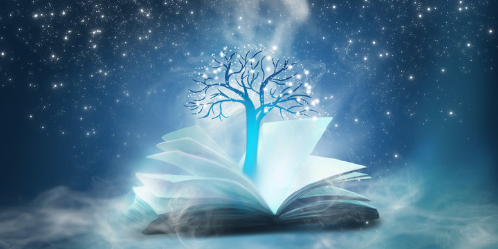An open book with a magical fantasy. Night view illustration with a book. The magical power of reading and words, knowledge. Abstract background with a book.