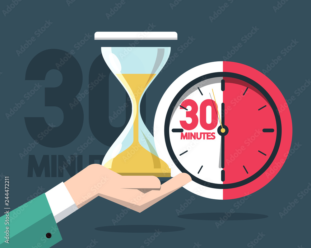 Poster 30 minutes clock timer. vector time symbol with hourglass.