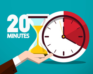 20 Twenty Minutes Time Symbol. Vector Time Countdown Icon with Clock and Hourglass in Human Hand.