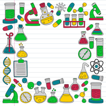 Vector set of chemistry, science icons. Pattern with laboratory equipment images.