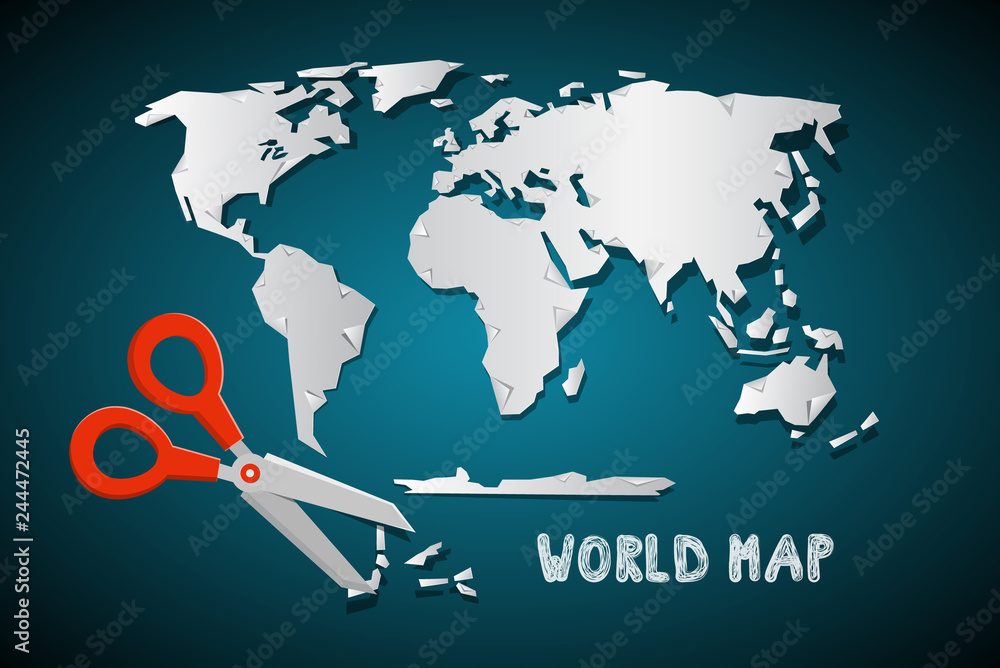 Poster world map with scissors vector paper cut design
