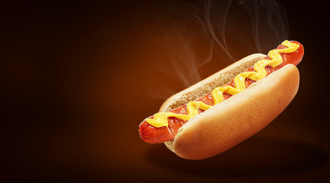 Fresh American Classic Hot Dog With Fragrant And Fragrant Mustard. With Space For Text