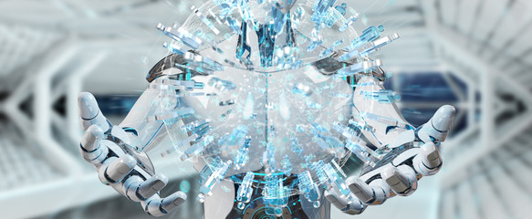 White male robot using digital globe to connect people 3D rendering