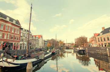 The historic Delfshaven, harbour port of Rotterdam in retro style, The Netherlands.