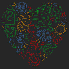 Vector set of space elements icons in doodle style. Painted, colorful, pictures on a piece of paper on blackboard.