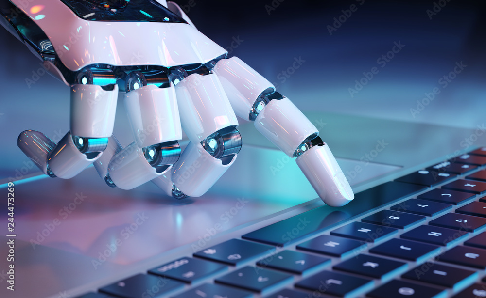 Poster robotic hand pressing a keyboard on a laptop 3d rendering
