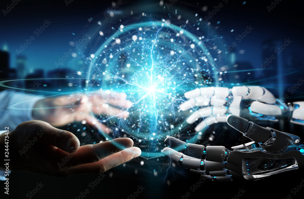 Poster robot hand and human hand touching digital sphere network on dark background 3d rendering