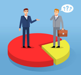 Two businessman standing on small and big pie charts. Business statistics, strategy, success. Simple style vector illustration