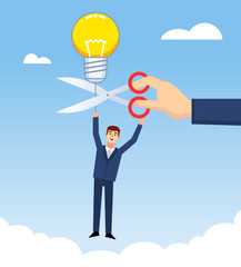 Businessman flying on idea balloon, hand cutting balloon rope with scissors. Business intervene, harm, steal idea. Simple style vector illustration