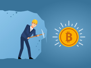 Businessman in cave mining bitcoins. Simple style vector illustration