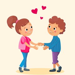 Pretty girl and curly boy hold hands each other. Cartoon illustration for valentine day. Falling in love concept. Vector characters