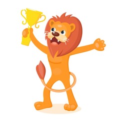 Lion character is holding a winner cup in his paw. Smiling cartoon animal. Vector illustration.