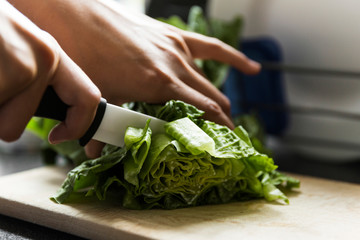 Girl finely cutting lettuce in domestic kitchen.
