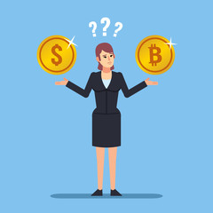 Confused businesswoman holds bitcoin and dollar coins thinking what to choose. Making decision, difficult choice. Flat design vector illustration