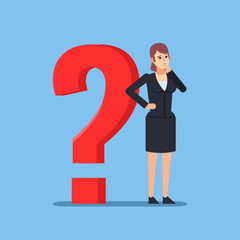 Confused businesswoman standing near big question mark and thinking. Making difficult decision concept. Flat design vector illustration