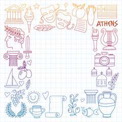 Fototapeta premium Travel to Greece. Vector set with doodle style icons