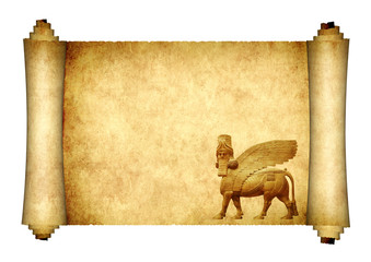 Medieval scroll with lamassu