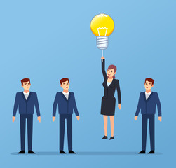Businesswoman flying on idea balloons. Stand out of the crowd concept, achievement, successful startup. Flat design vector illustration