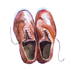 watercolor illustration sketch hand-drawn brown oxford shoes isolated on white background 