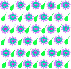 Purple flowers with green leaves retro pattern.