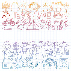 Vector set of camping, hiking icons for little children. School and kindergarten kids vacation.