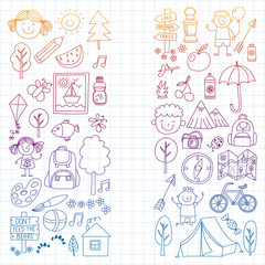 Vector set of camping, hiking icons for little children. School and kindergarten kids vacation.