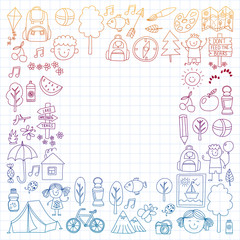 Vector set of camping, hiking icons for little children. School and kindergarten kids vacation.