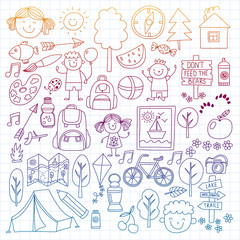 Vector set of camping, hiking icons for little children. School and kindergarten kids vacation.