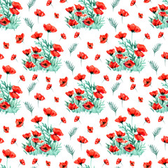 Seamless pattern with hand paint watercolor red poppy.