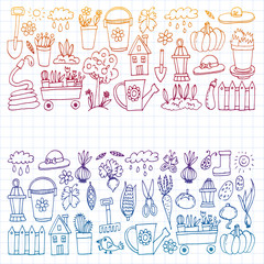 Garden, agriculture, garden tools, equipment, harvest. Icons of gardening items.