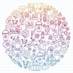 Obraz premium Garden, agriculture, garden tools, equipment, harvest. Icons of gardening items.