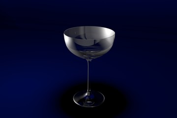 3D illustration of coupe sparkling wine glass on dark blue design background - drinking glass render