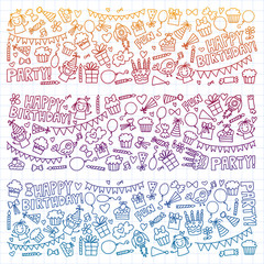 Vector pattern for birthday party for little kindergarten, school children. Kids drawing doodle style