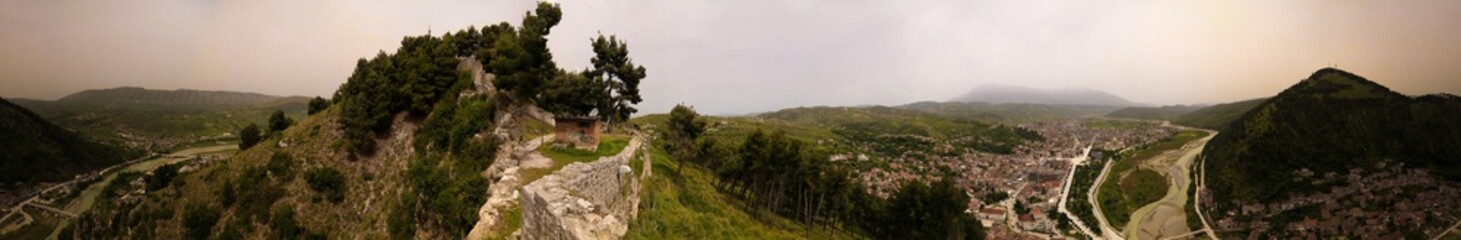 Fototapeta premium 360 degrees Panoramic aerial view to Berat old town and Osum river from Berat Castle , Albania