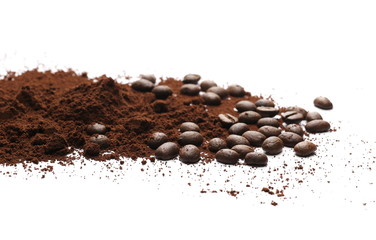 Milled coffee powder with beans isolated on white background